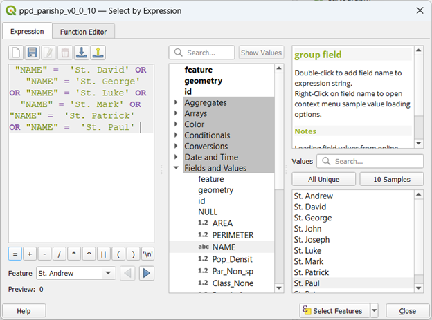 select by expression screenshot